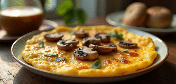 Omelette aux girolles servie sur une table en bois