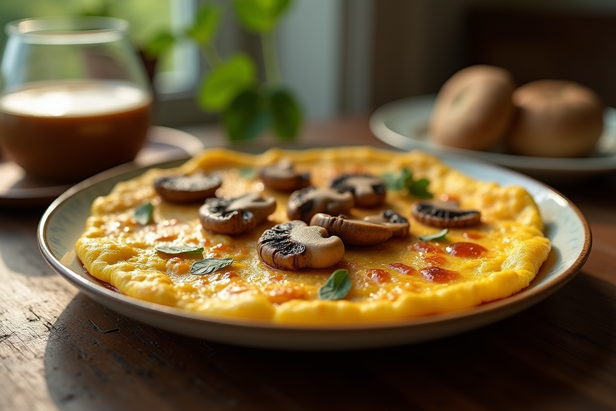 Omelette aux girolles servie sur une table en bois