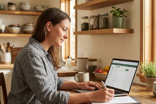 Femme organisant ses courses en ligne et son planning de repas sur un carnet, assise dans une cuisine moderne en bois clair