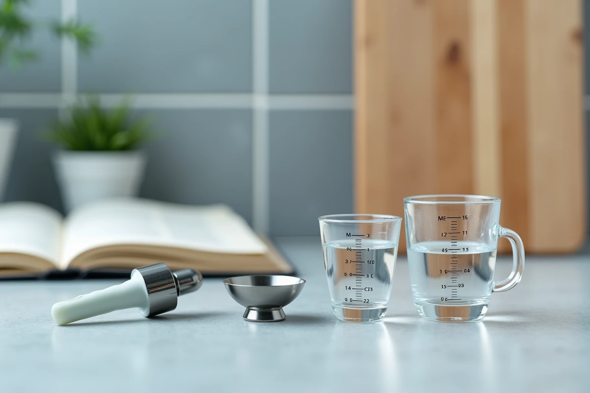 Gros plan sur des outils de mesure cuisine alignés sur un comptoir, cuillère doseuse 1cl, pipette 10ml et verre gradué, guide équivalences mesures liquides