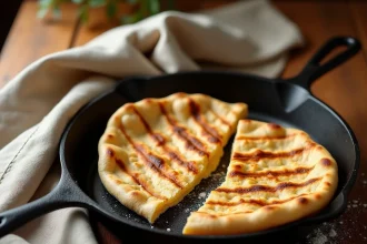 Pains à la poêle maison dorés avec marques de cuisson sur une poêle en fonte posée sur un comptoir en bois rustique