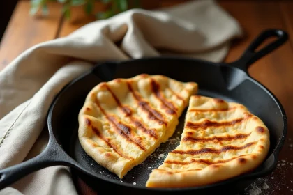 Pains à la poêle maison dorés avec marques de cuisson sur une poêle en fonte posée sur un comptoir en bois rustique