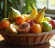 Panier de fruits rares commençant par I sur table en bois