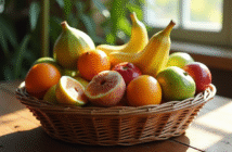 Panier de fruits rares commençant par I sur table en bois