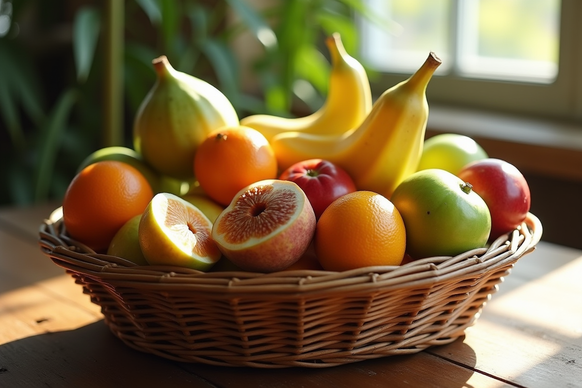 Panier de fruits rares commençant par I sur table en bois