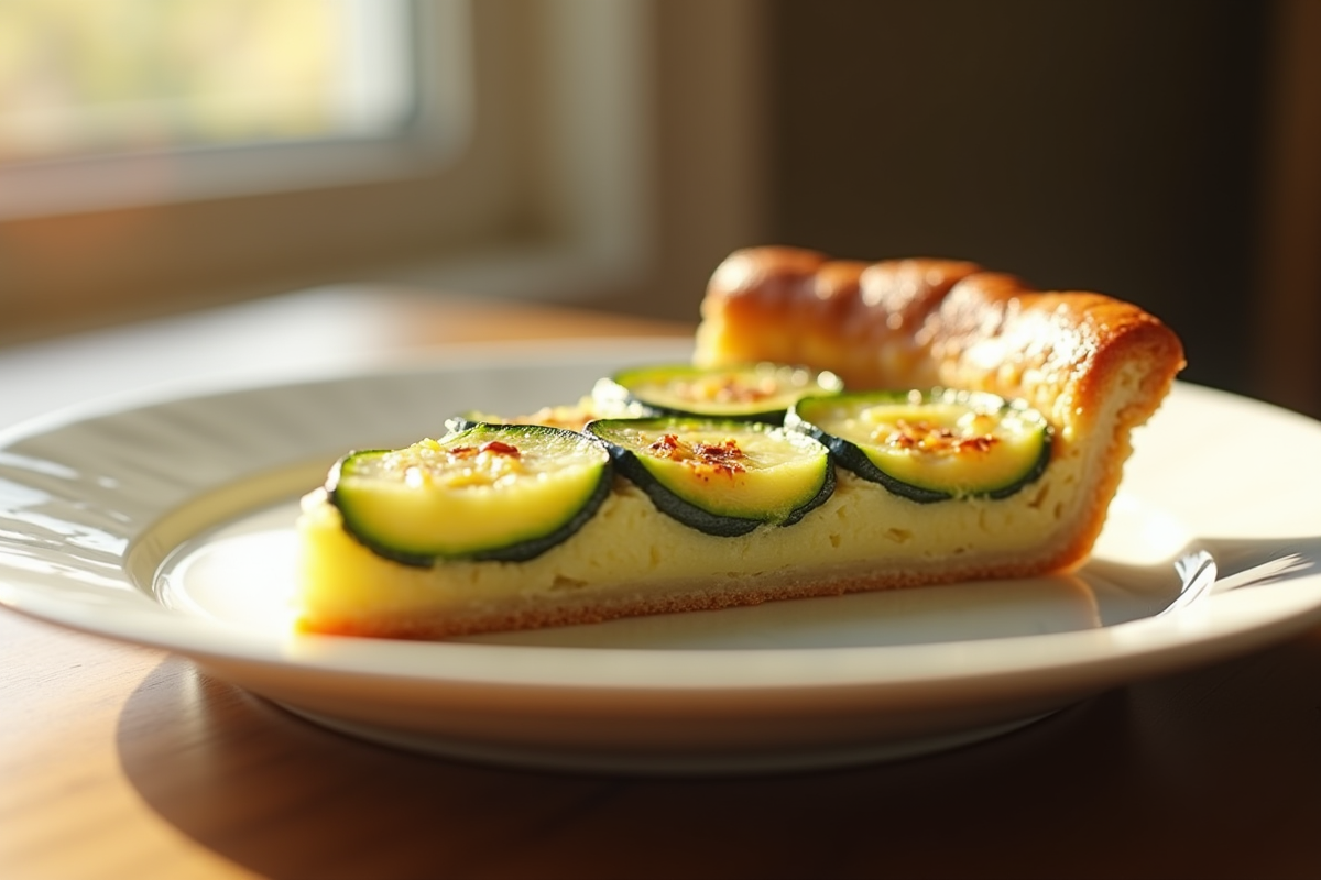 Tranche de tarte à la courgette sur assiette blanche