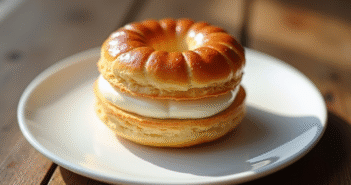 Gâteau ParisBrest frais sur une assiette en céramique