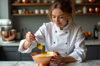 Cheffe pâtissière dosant un extrait de café dans une pâte à bombe en cuivre dans une cuisine professionnelle