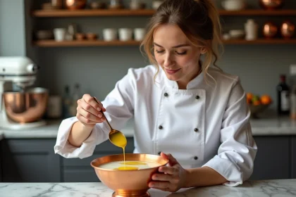 Cheffe pâtissière dosant un extrait de café dans une pâte à bombe en cuivre dans une cuisine professionnelle