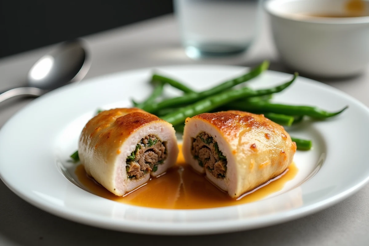 Paupiette de porc tranchée sur assiette blanche révélant sa farce aux herbes avec haricots verts