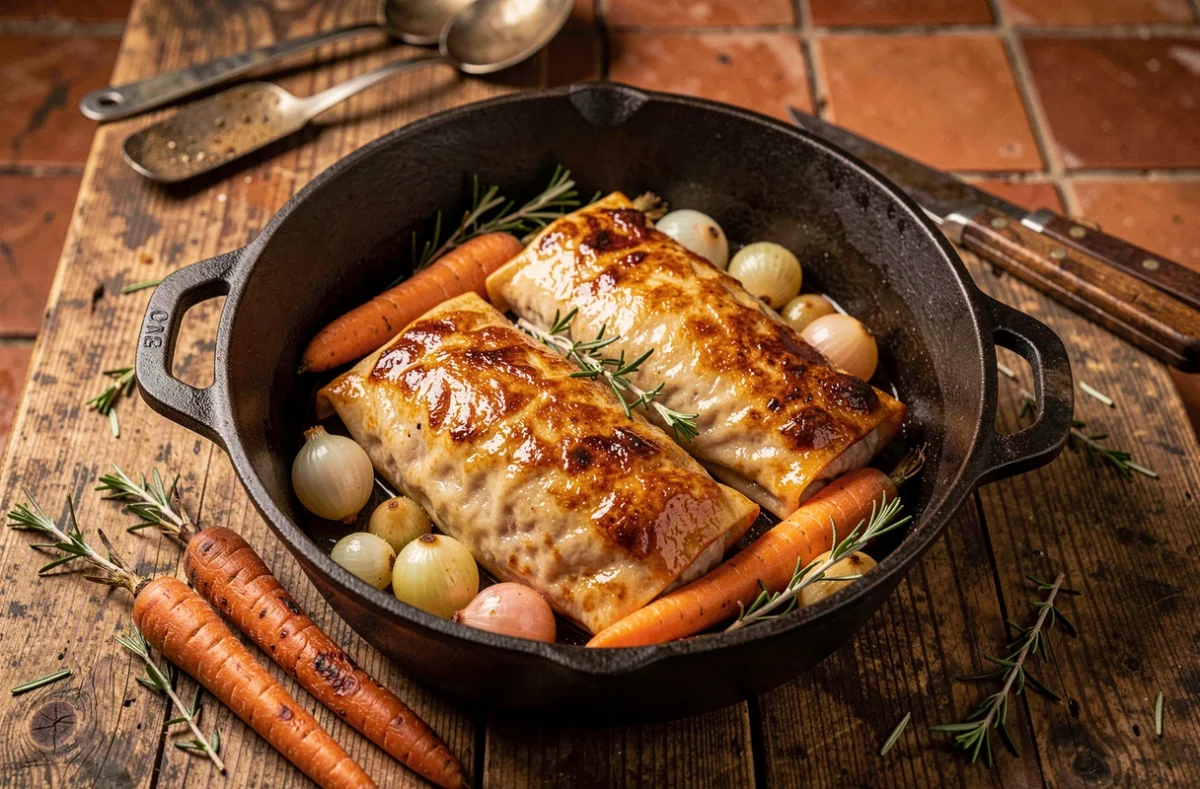 Paupiettes de porc dorées en cocotte avec légumes et herbes aromatiques, vues du dessus