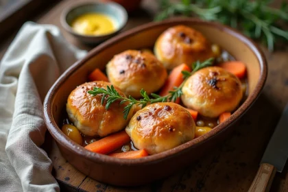 Paupiettes de porc dorées au four dans un plat en céramique rustique avec carottes et thym frais