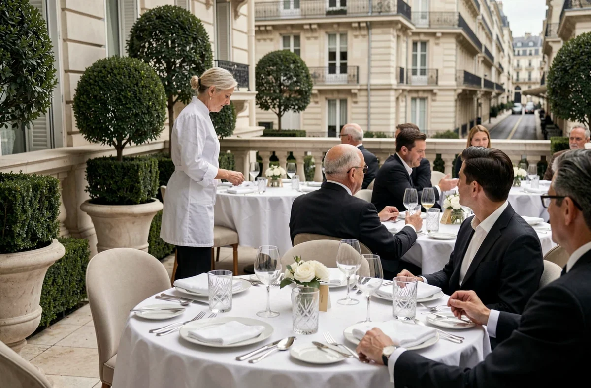 Terrasse gastronomique du restaurant étoilé Pavyllon dans le 8e arrondissement de Paris, avec une mise en place raffinée et un cadre élégant