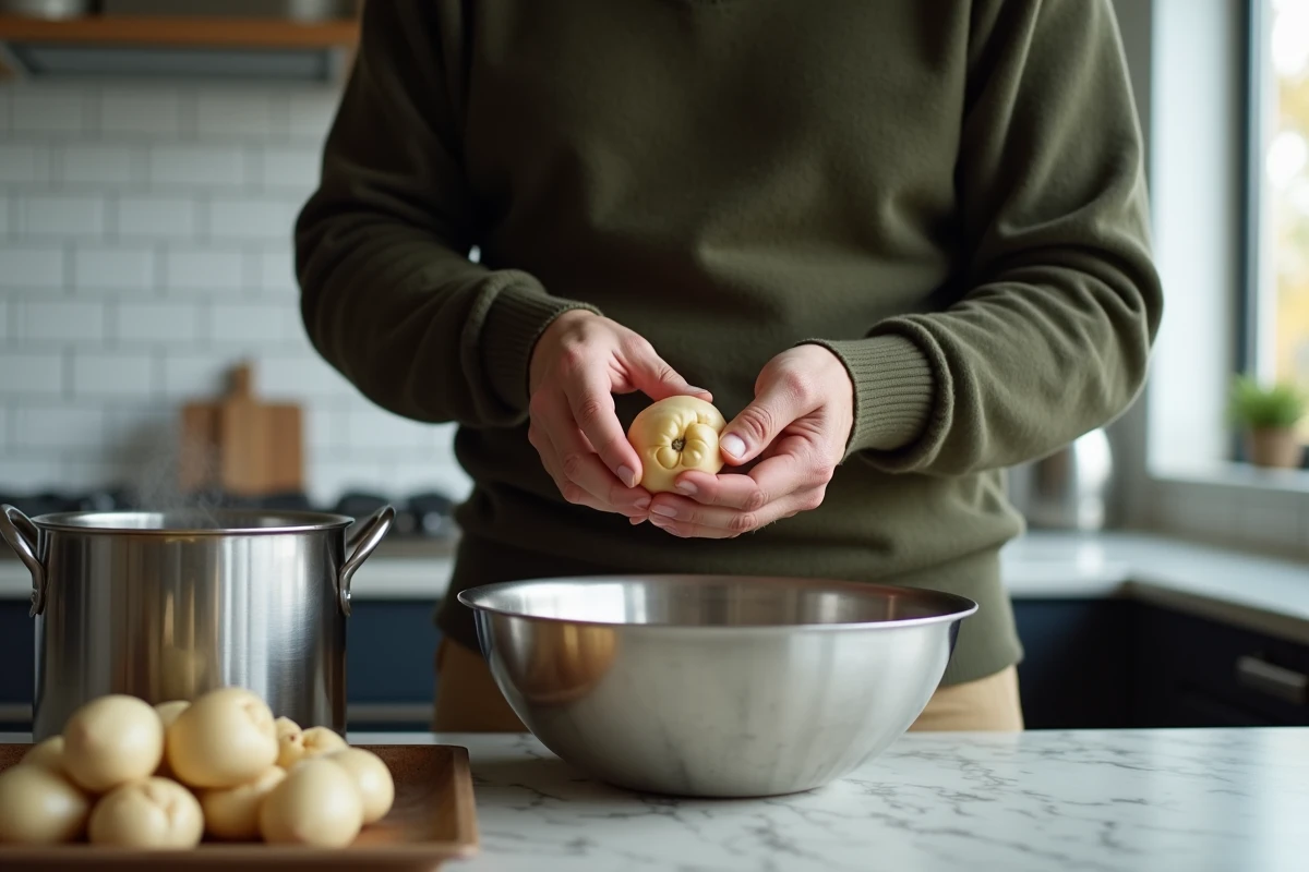 Homme pelant des châtaignes blanchies au-dessus d'un bol en inox avant congélation dans une cuisine moderne
