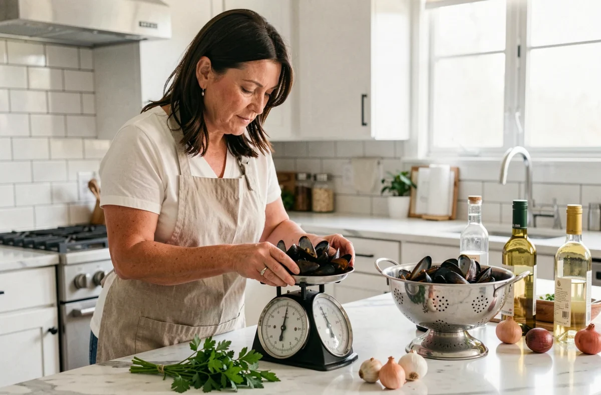 Femme pesant des moules fraîches sur une balance de cuisine pour calculer la bonne quantité de moules par personne pour des moules frites maison