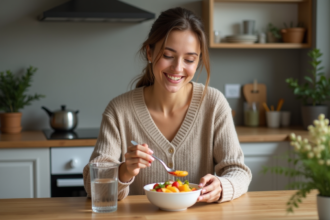 Femme souriante prenant son petit déjeuner sain à la maison
