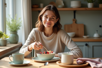 Femme souriante prenant un petit déjeuner équilibré dans une cuisine lumineuse
