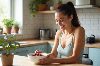 Femme souriante préparant un bol de porridge dans une cuisine lumineuse