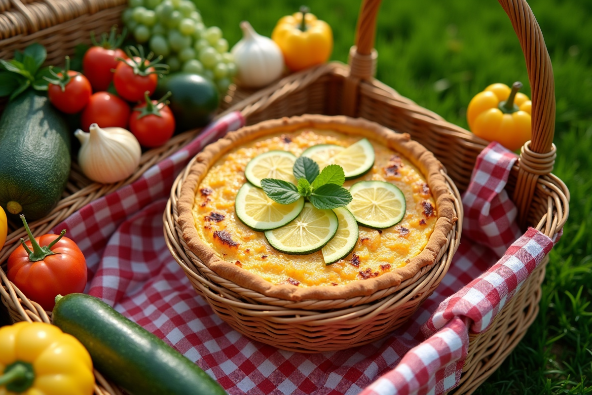Scène de pique-nique avec tarte zucchini en été