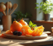 Plan de cuisine avec fruits ugli et ustensiles élégants