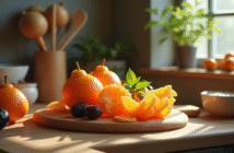 Plan de cuisine avec fruits ugli et ustensiles élégants