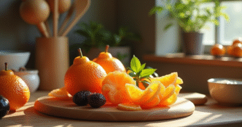 Plan de cuisine avec fruits ugli et ustensiles élégants