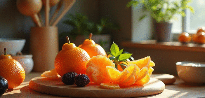 Plan de cuisine avec fruits ugli et ustensiles élégants