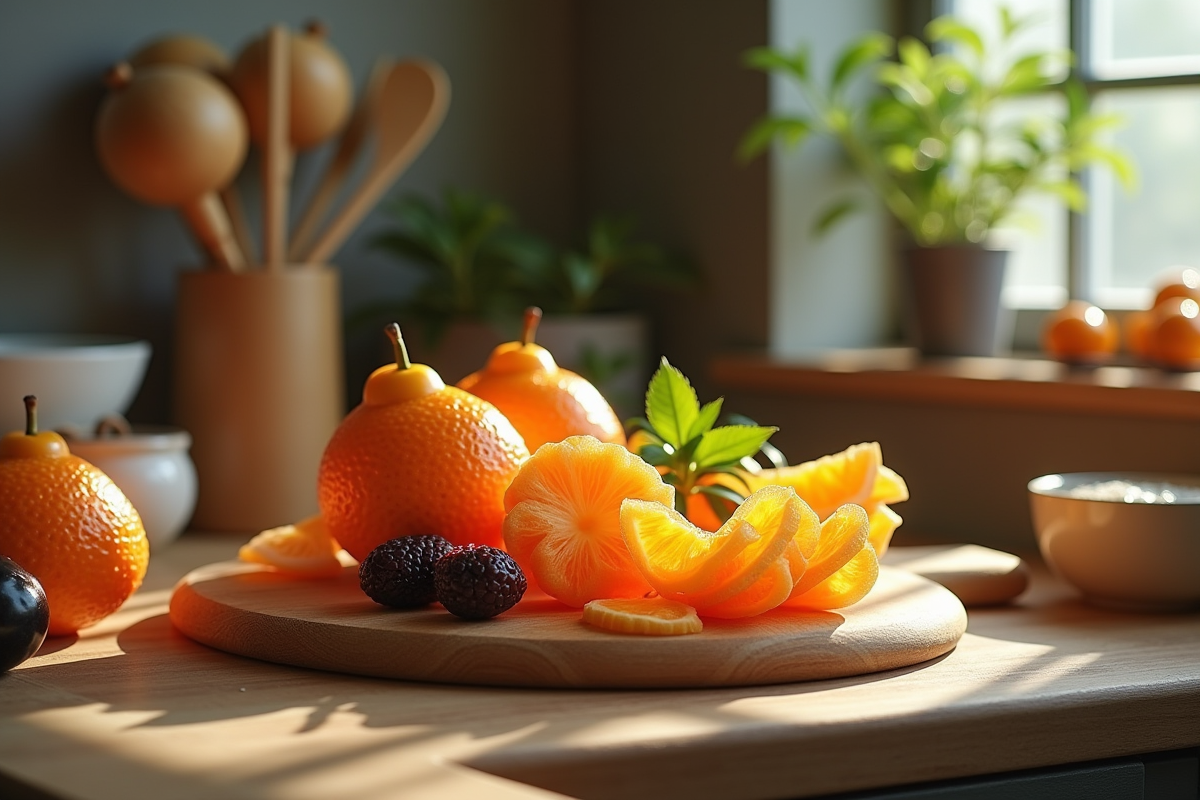 Plan de cuisine avec fruits ugli et ustensiles élégants