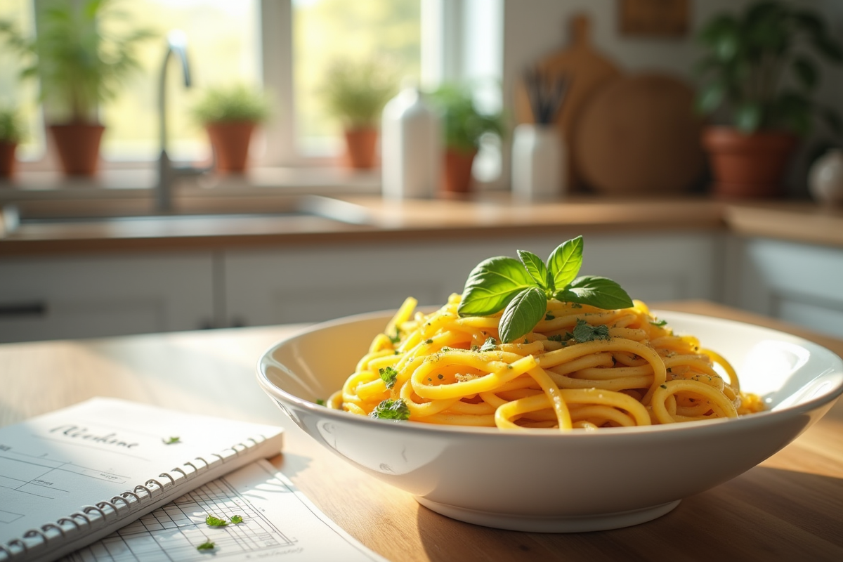Plan de repas keto écrit à la main avec un bol de courge spaghetti et herbes fraîches