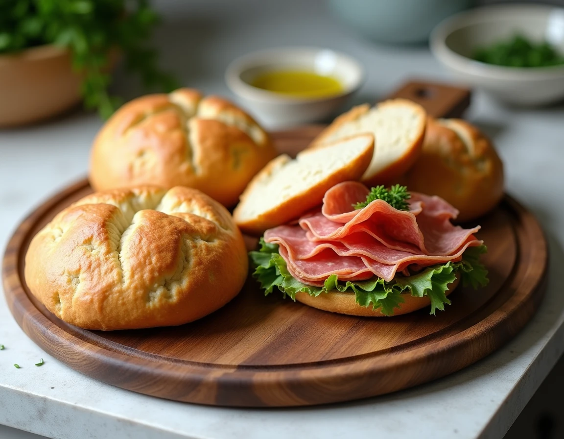 Planche en bois présentant des pains à la poêle maison à différents stades dont un sandwich garni de charcuterie et salade sur un plan de travail en pierre