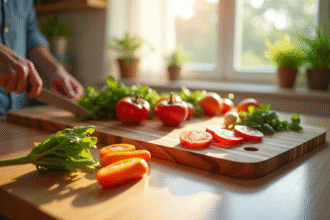 Planche en zebrawood sur un plan de travail lumineux avec légumes frais