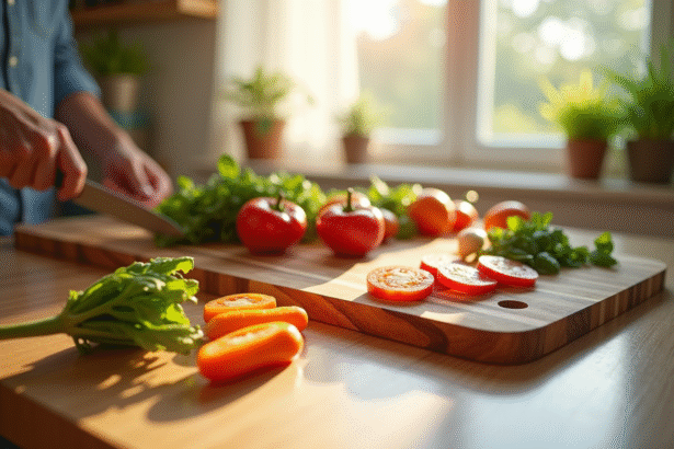 Planche en zebrawood sur un plan de travail lumineux avec légumes frais