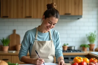 Femme préparant un menu hebdomadaire sain pour la famille dans une cuisine moderne avec des légumes frais et des céréales complètes