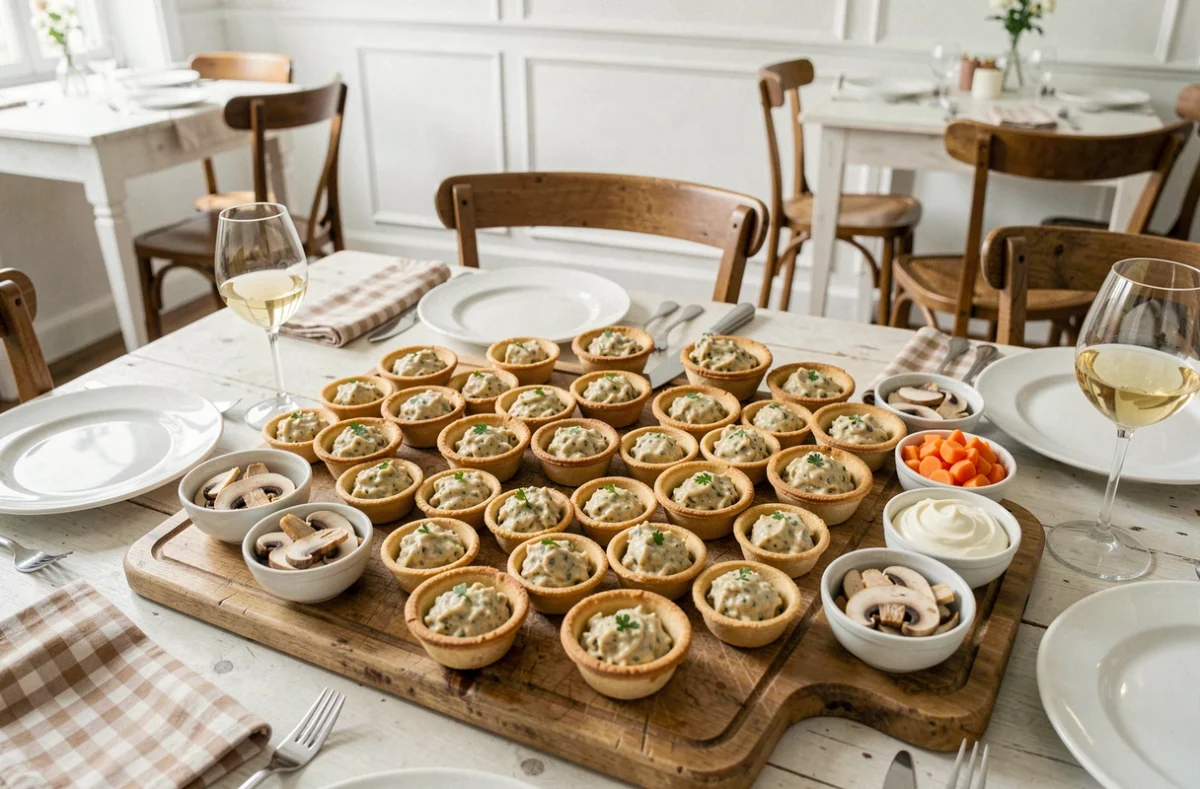 Plateau de bouchées à la reine maison avec ingrédients frais sur table dressée dans un décor bistrot français
