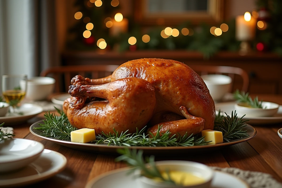 Chapon rôti sur un plat avec herbes et beurre fondu