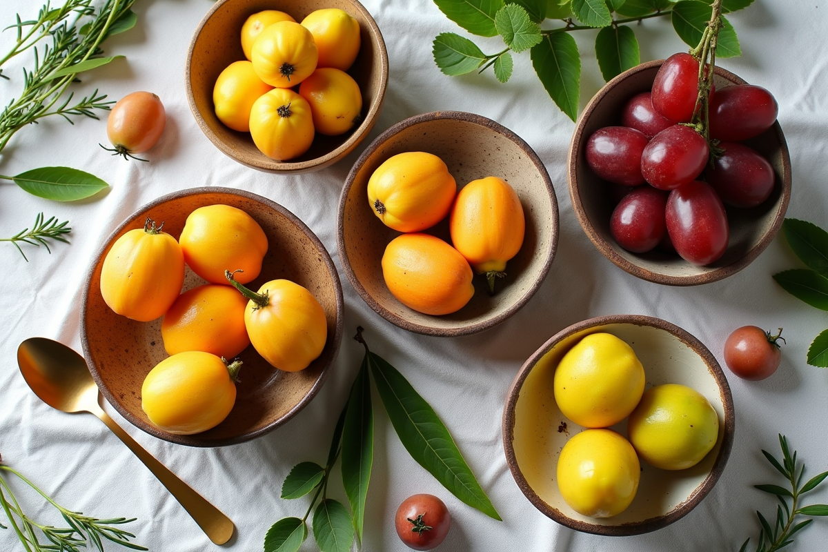 Plateau de fruits variés avec herbes fraîches et vaisselle