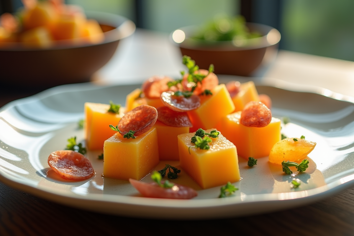 Assiette de melon en cubes avec prosciutto et herbes
