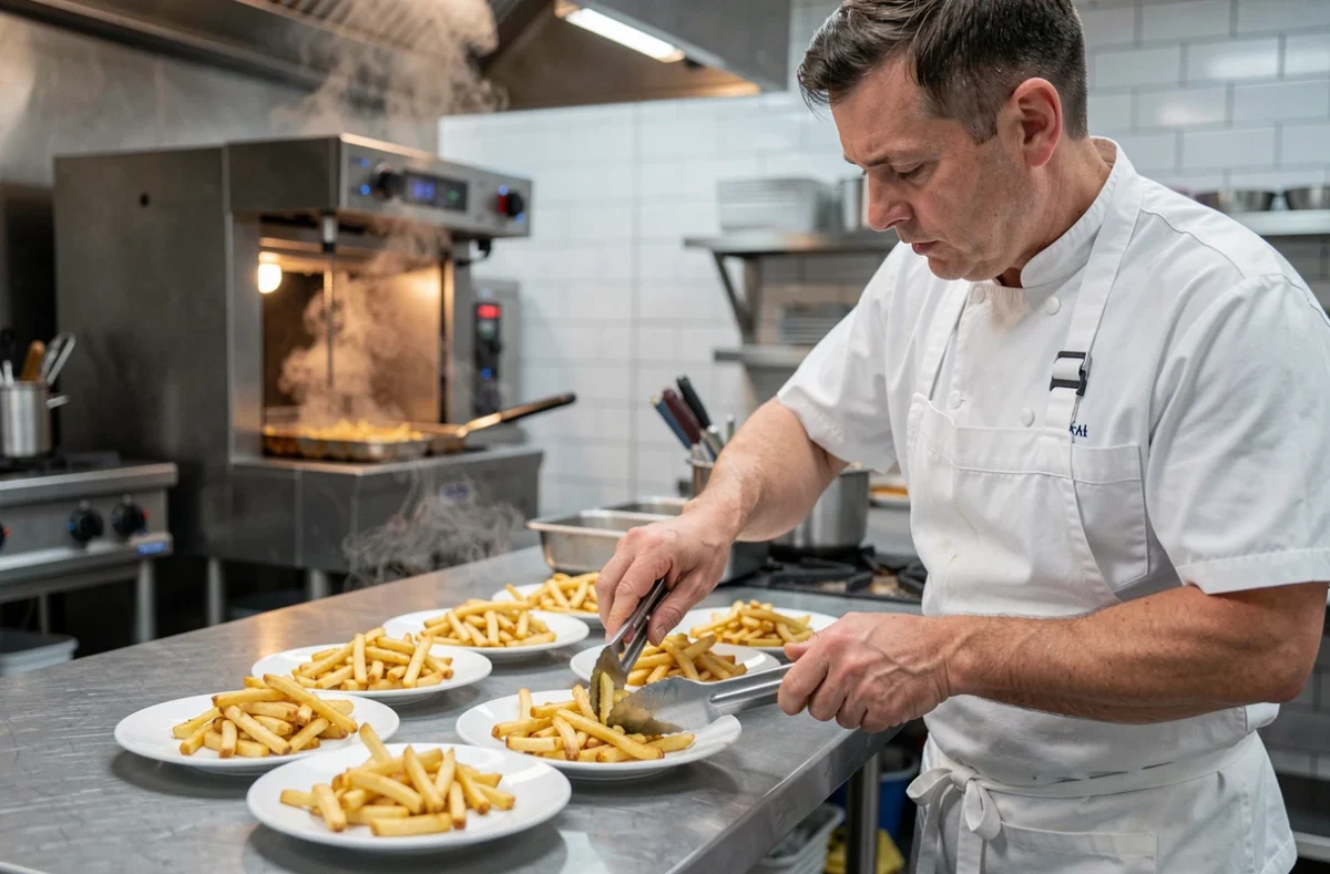 Chef cuisinier en tablier blanc dosant des portions de frites dans des assiettes en cuisine professionnelle, démontrant la quantité idéale de frites par personne