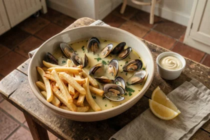 Bol de moules marinières généreuses avec frites croustillantes et mayonnaise maison pour une portion parfaite de moules frites à la maison