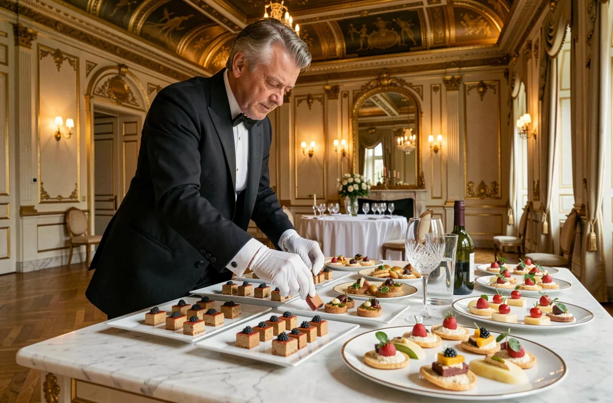 Maître d'hôtel en gants blancs dressant une table gastronomique pour Potel et Chabot, traiteur haut de gamme parisien