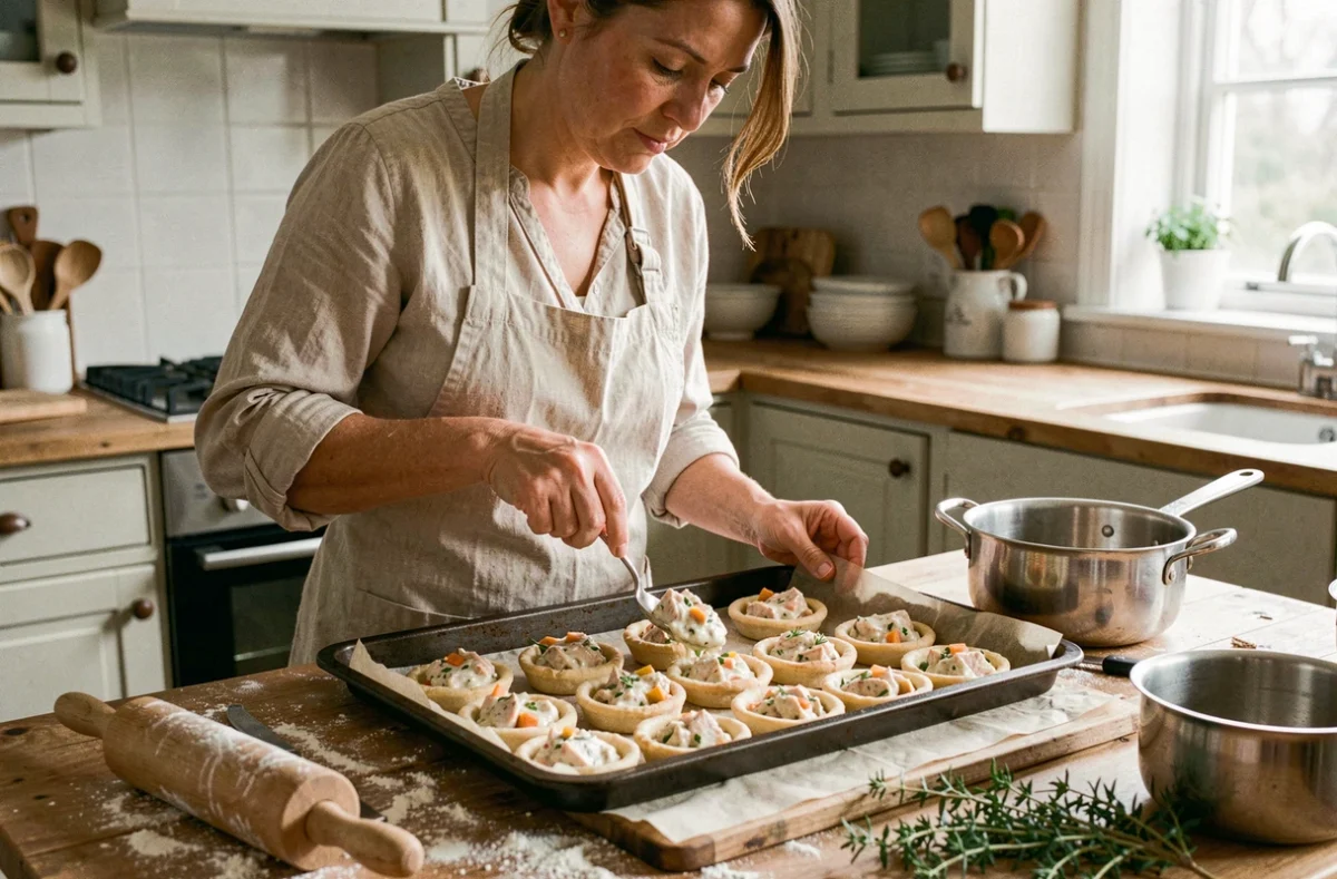 Femme en tablier remplissant des bouchées à la reine maison dans une cuisine française authentique