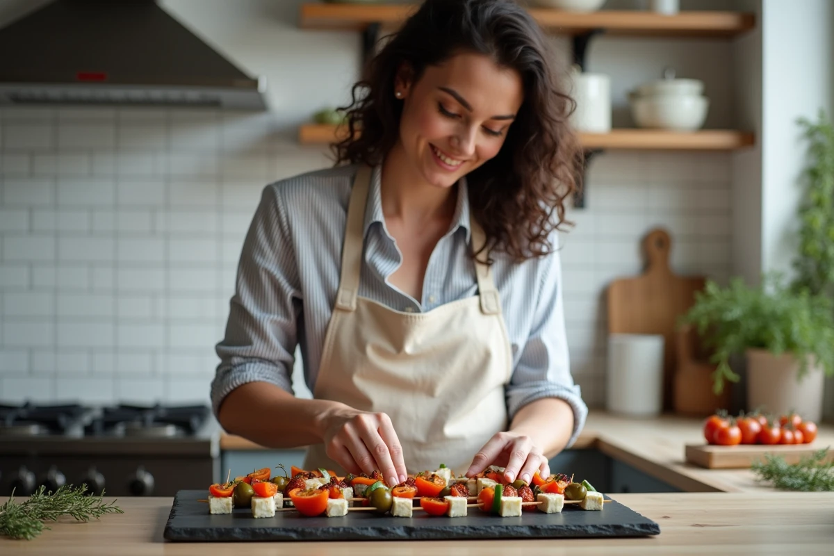 Femme préparant des brochettes apéro végétariennes à l'avance dans une cuisine moderne avec feta, olives et poivrons rôtis