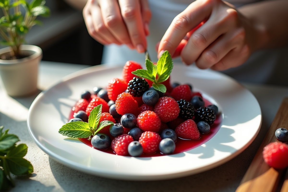 Chef préparant un dessert aux fruits rouges