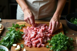 Préparation des caillettes ardéchoises avec farce de porc et légumes verts sur une planche en bois rustique dans une cuisine de campagne française