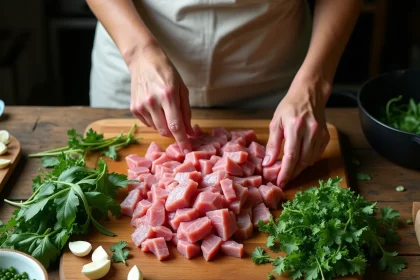Préparation des caillettes ardéchoises avec farce de porc et légumes verts sur une planche en bois rustique dans une cuisine de campagne française