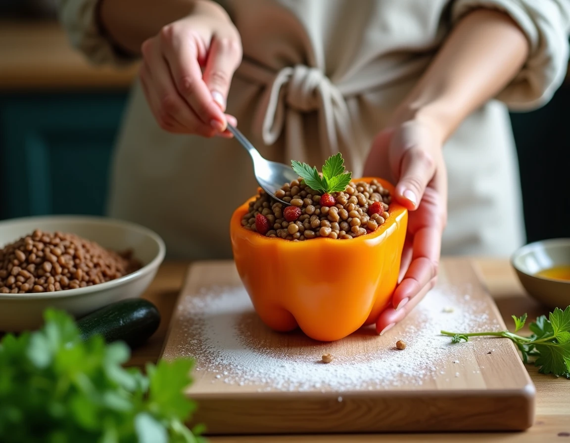 Femme en tablier de lin garnissant un poivron évider avec une farce végane aux lentilles et herbes fraîches sur un plan de travail de cuisine