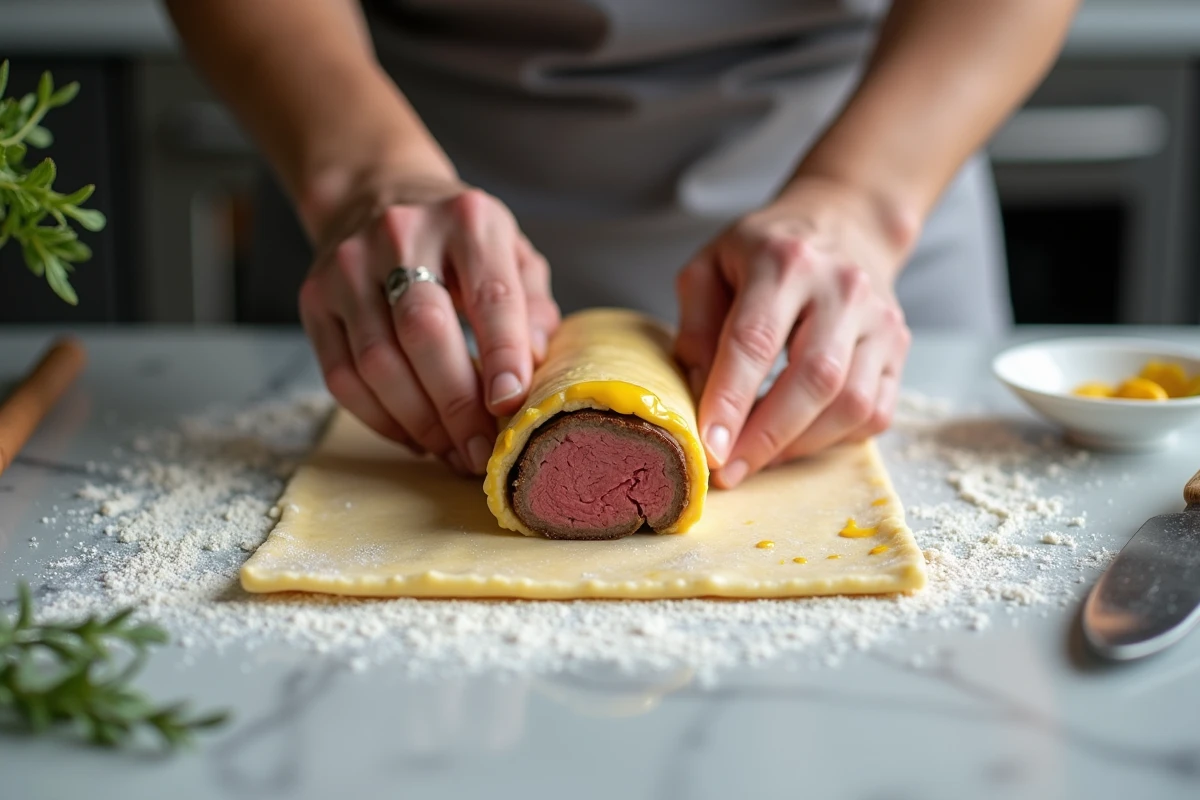 Mains de cuisinier enveloppant un filet de bœuf moutardé dans une pâte feuilletée crue sur un plan de travail en marbre