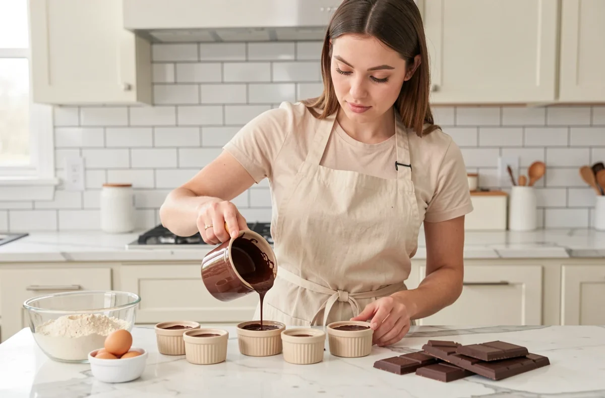 Femme préparant un fondant au chocolat sans gluten en versant du chocolat fondu dans des ramequins sur un plan de travail en marbre