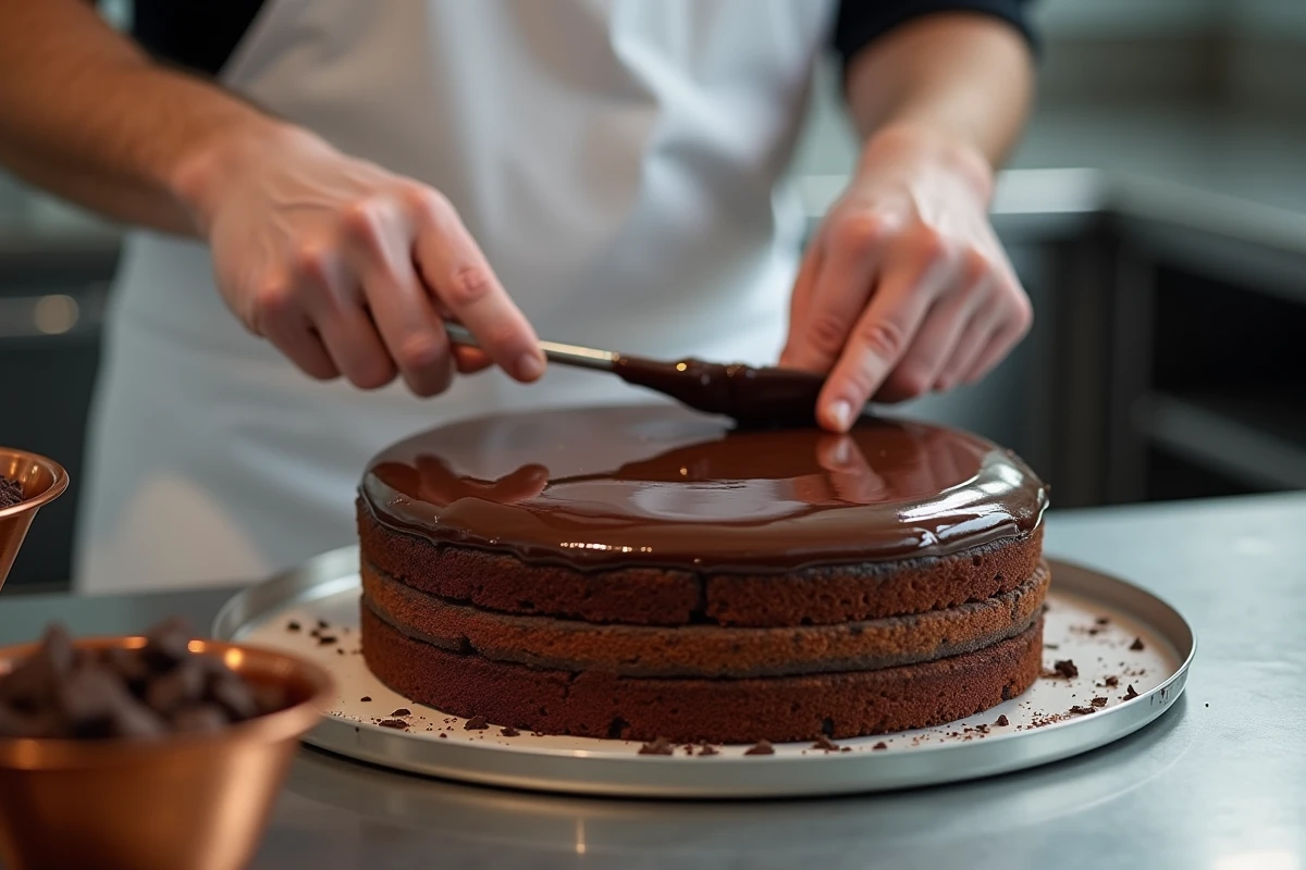Chef pâtissier étalant une ganache au chocolat sur un gâteau opéra en cours de préparation dans une cuisine professionnelle