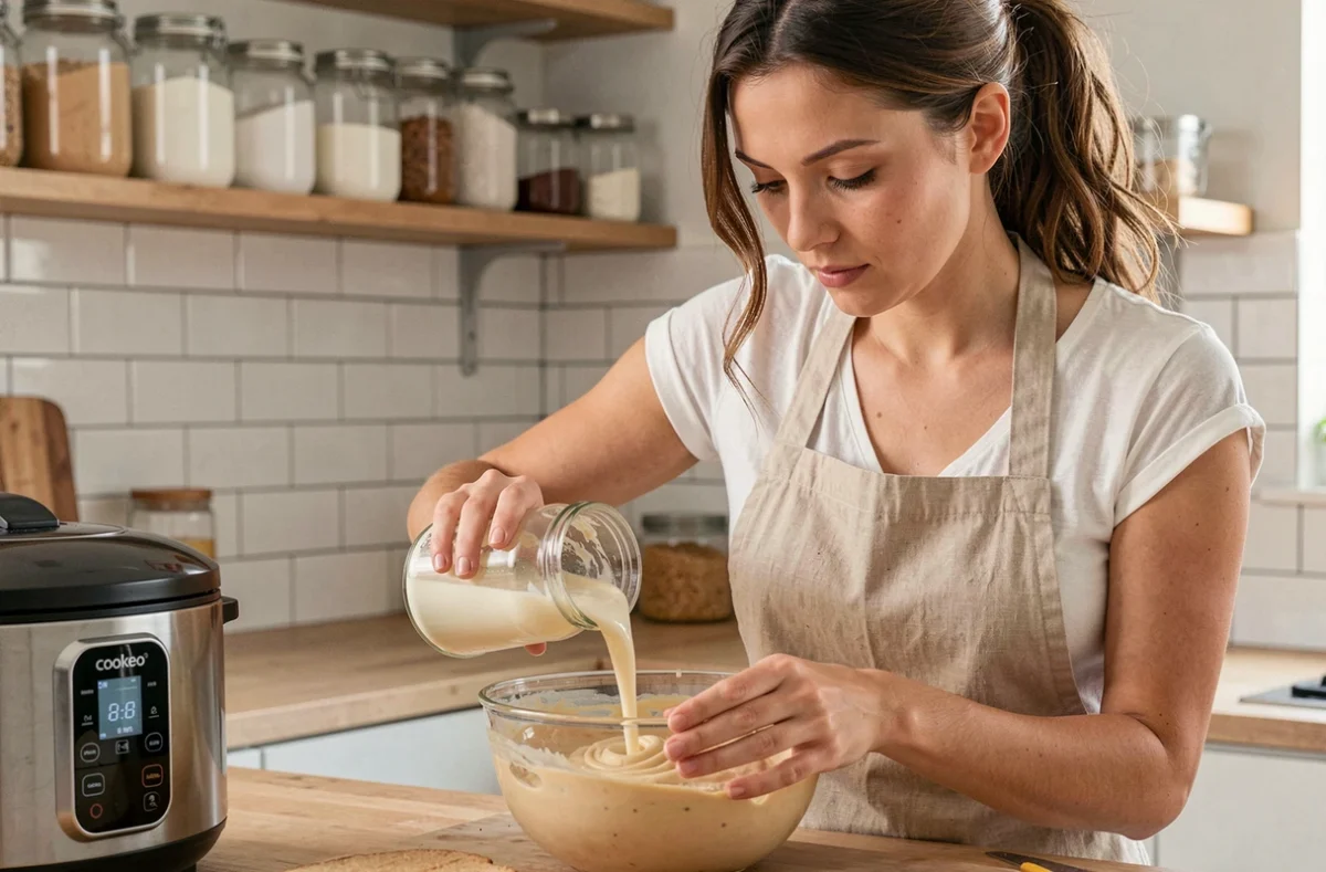 Femme débutante en cuisine versant du yaourt nature dans un saladier pour préparer un gâteau au Cookeo